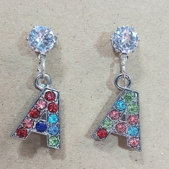 Initial Letter Multicolored Rhinestone Silver Tone Dangle Earrings - Picture 1 of 1